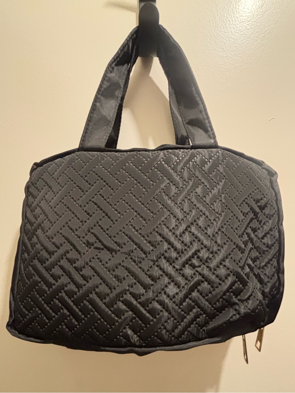 Quilted Black Nylon Small Toiletry Travel Tote with Zipper